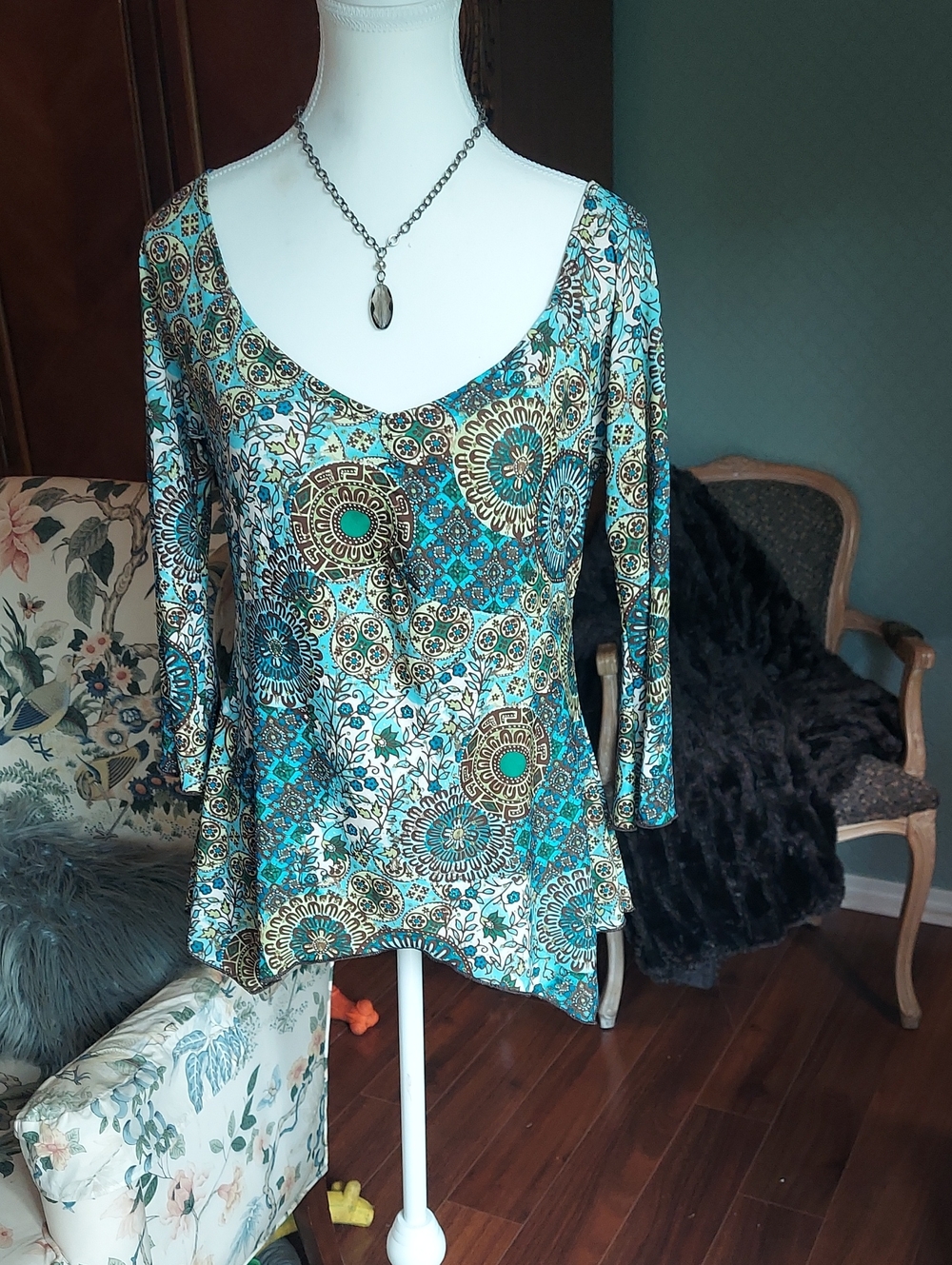 American City Wear Teal and Brown Floral Scoop Neck Long Sleeve Top
